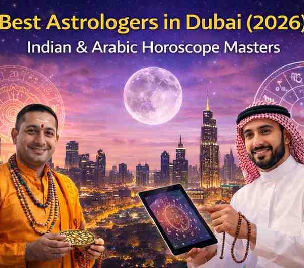 Best astrologers in Dubai 2026 banner showing Dubai skyline with Burj Khalifa, zodiac symbols, a full moon, an Indian astrologer holding a yantra, and an Arabic astrologer using a tablet with a horoscope chart.