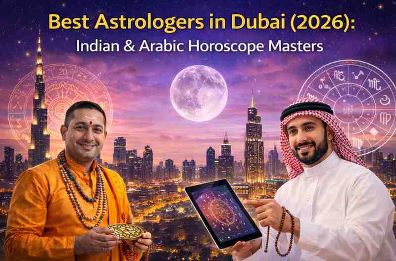 Best astrologers in Dubai 2026 banner showing Dubai skyline with Burj Khalifa, zodiac symbols, a full moon, an Indian astrologer holding a yantra, and an Arabic astrologer using a tablet with a horoscope chart.