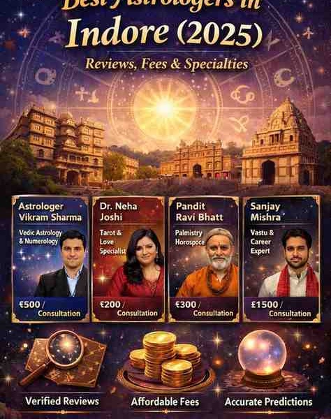 Best astrologers in Indore 2025 banner with zodiac wheel, Indore landmarks, astrologer profiles, and consultation fees