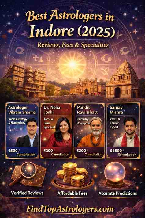 Best astrologers in Indore 2025 banner with zodiac wheel, Indore landmarks, astrologer profiles, and consultation fees