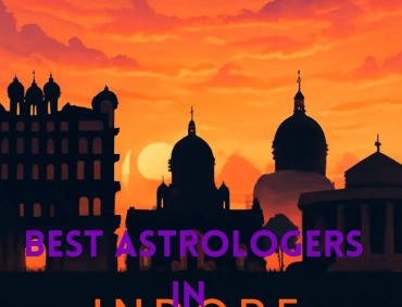 Sunset skyline of Indore with silhouetted domes and buildings, bold text reads Best Astrologers.