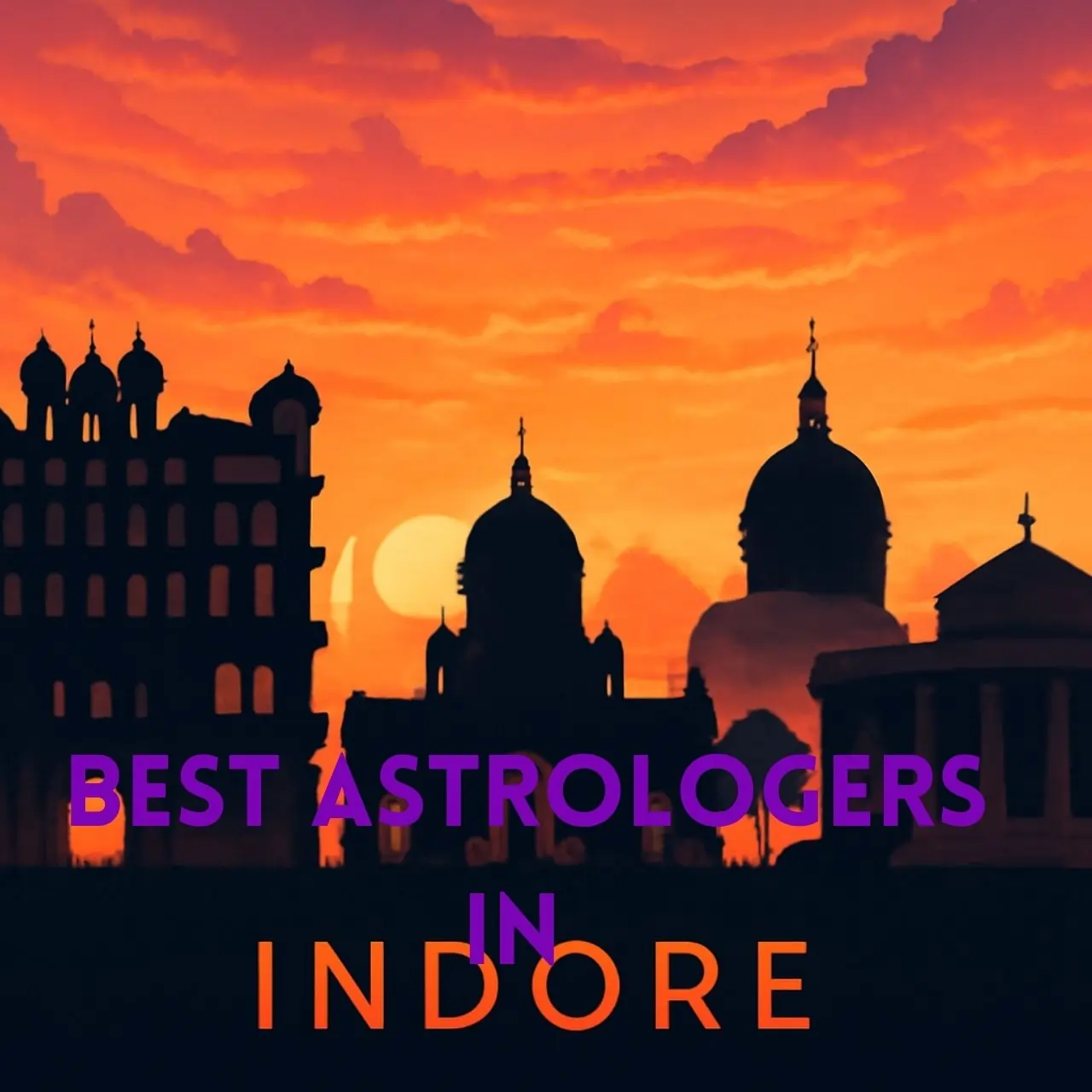 Sunset skyline of Indore with silhouetted domes and buildings, bold text reads Best Astrologers.
