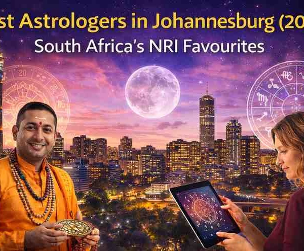 Best astrologers in Johannesburg 2026 banner showing a city skyline at night with zodiac symbols, a full moon, an Indian astrologer holding a yantra, and a woman using a tablet with a horoscope chart.