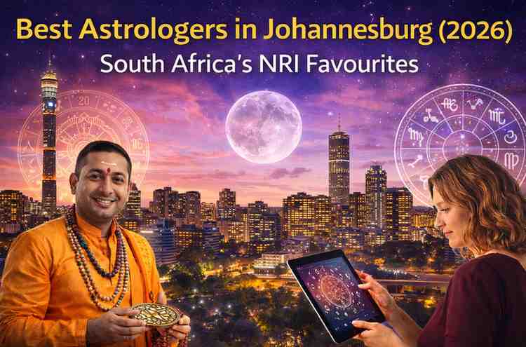 Best astrologers in Johannesburg 2026 banner showing a city skyline at night with zodiac symbols, a full moon, an Indian astrologer holding a yantra, and a woman using a tablet with a horoscope chart.