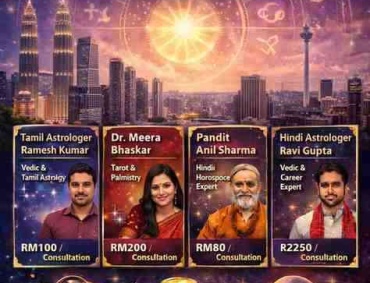 Best astrologers in Kuala Lumpur 2026 banner featuring Petronas Towers, zodiac wheel, Tamil and Hindi astrologers with consultation fees