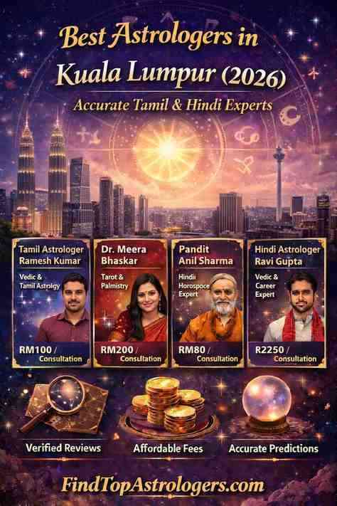 Best astrologers in Kuala Lumpur 2026 banner featuring Petronas Towers, zodiac wheel, Tamil and Hindi astrologers with consultation fees