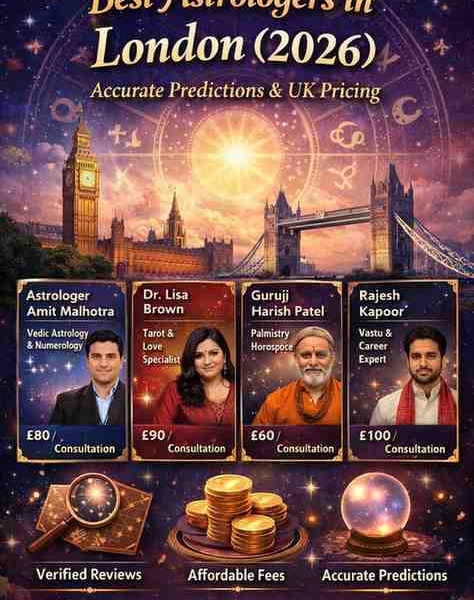 Best astrologers in London 2026 banner featuring zodiac wheel, Big Ben, Tower Bridge, and astrologer profiles with UK pricing