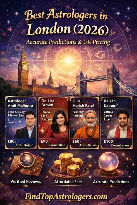 Best astrologers in London 2026 banner featuring zodiac wheel, Big Ben, Tower Bridge, and astrologer profiles with UK pricing