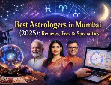 Best astrologers in Mumbai 2025 illustration showing zodiac wheel, astrologers, tarot cards, and laptop with birth chart