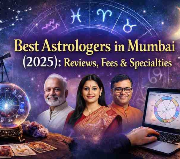 Best astrologers in Mumbai 2025 illustration showing zodiac wheel, astrologers, tarot cards, and laptop with birth chart