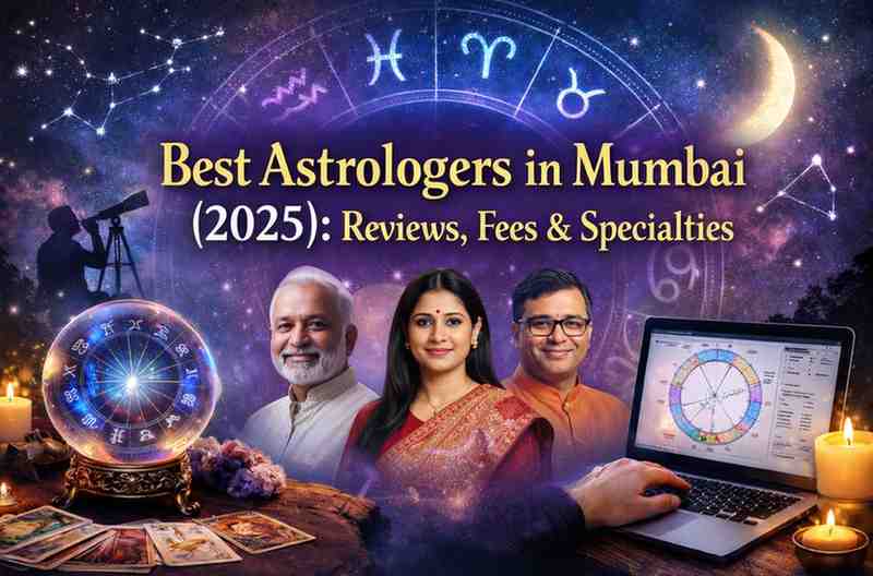 Best astrologers in Mumbai 2025 illustration showing zodiac wheel, astrologers, tarot cards, and laptop with birth chart