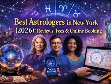 Best astrologers in New York 2026 illustration with zodiac wheel, NYC skyline, astrologers, tarot cards, and online booking concept