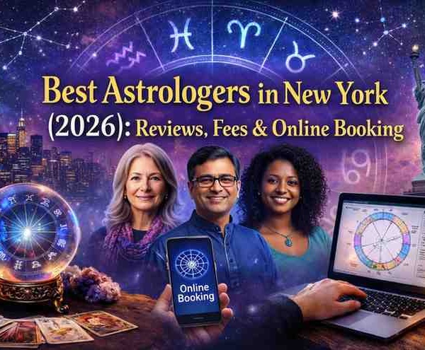 Best astrologers in New York 2026 illustration with zodiac wheel, NYC skyline, astrologers, tarot cards, and online booking concept