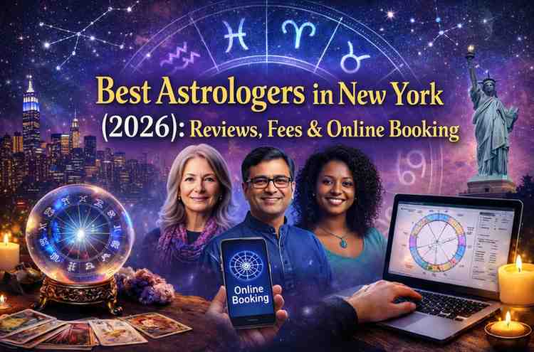 Best astrologers in New York 2026 illustration with zodiac wheel, NYC skyline, astrologers, tarot cards, and online booking concept