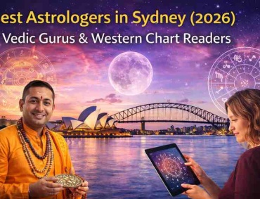 Best astrologers in Sydney 2026 featuring Vedic astrologer and Western chart reader with zodiac symbols and Sydney Opera House skyline.