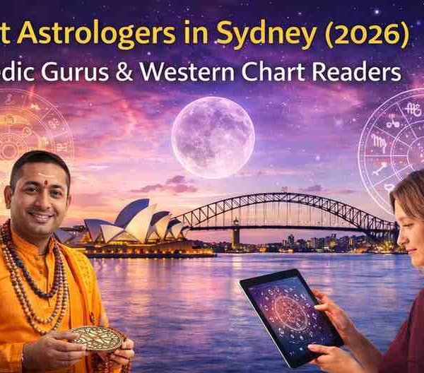 Best astrologers in Sydney 2026 featuring Vedic astrologer and Western chart reader with zodiac symbols and Sydney Opera House skyline.