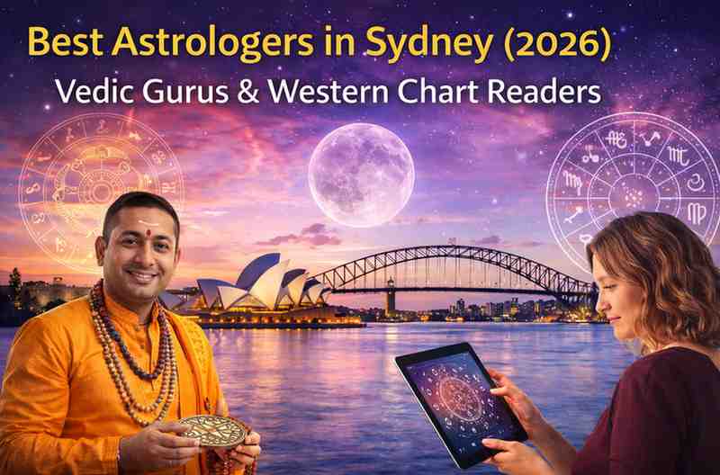 Best astrologers in Sydney 2026 featuring Vedic astrologer and Western chart reader with zodiac symbols and Sydney Opera House skyline.