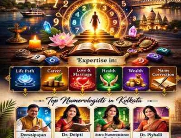Best Numerologists in Kolkata 2025 infographic featuring life path analysis, career guidance, name correction, tarot remedies, and top-rated numerology experts