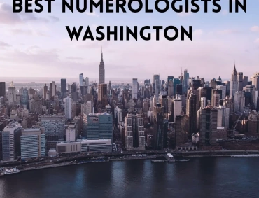 Aerial view of a large city skyline at dusk with “Best Numerologists in Washington” written in bold across the sky.