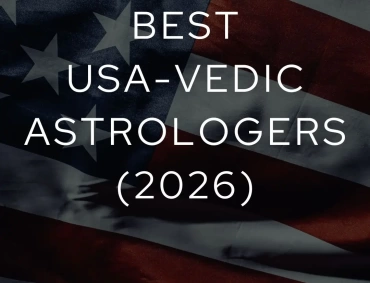 Text graphic over a USA flag background promoting top Vedic astrologers in 2026.