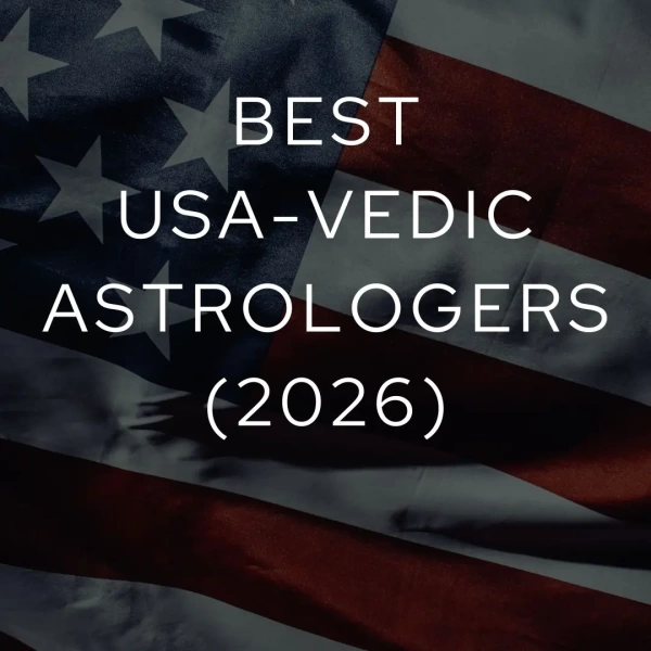 Text graphic over a USA flag background promoting top Vedic astrologers in 2026.