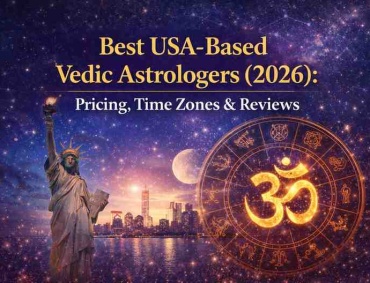 Best USA-based Vedic astrologers 2026 banner with Statue of Liberty zodiac chart and Om symbol astrology theme
