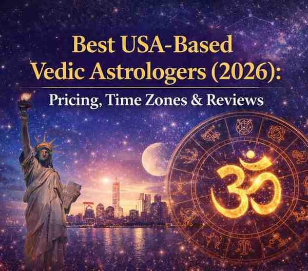 Best USA-based Vedic astrologers 2026 banner with Statue of Liberty zodiac chart and Om symbol astrology theme