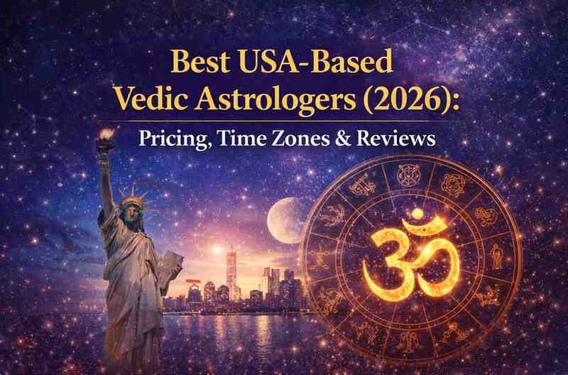Best USA-based Vedic astrologers 2026 banner with Statue of Liberty zodiac chart and Om symbol astrology theme