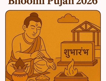 Illustration of a priest performing Bhoomi Pujan with a foundation stone and sacred fire.
