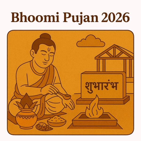 Illustration of a priest performing Bhoomi Pujan with a foundation stone and sacred fire.