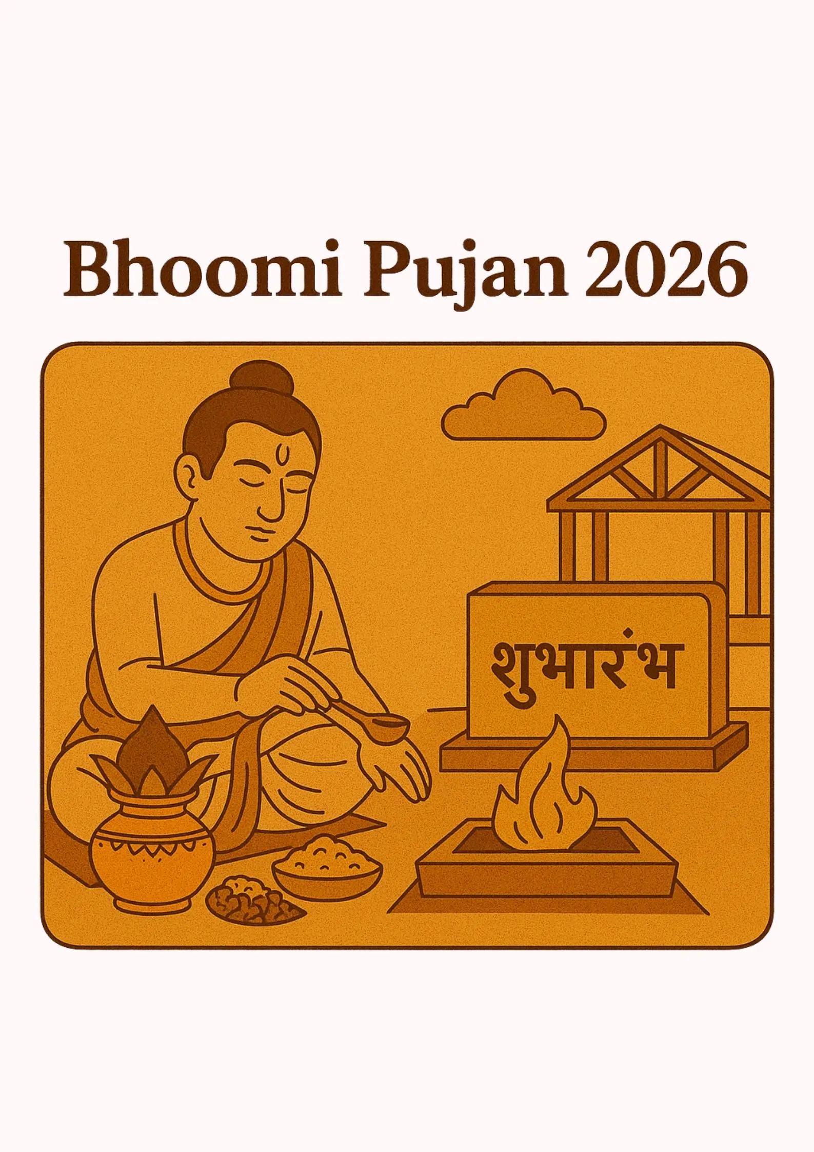Illustration of a priest performing Bhoomi Pujan with a foundation stone and sacred fire.