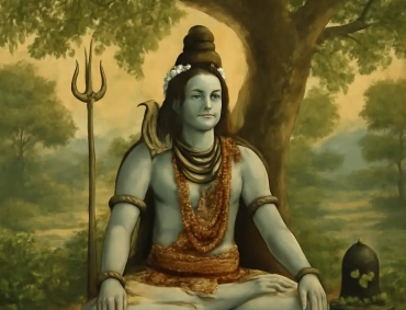 Blue-skinned ascetic Shiva meditates beneath a large tree, trident beside him, Shiva lingam adorned with bilva leaves.