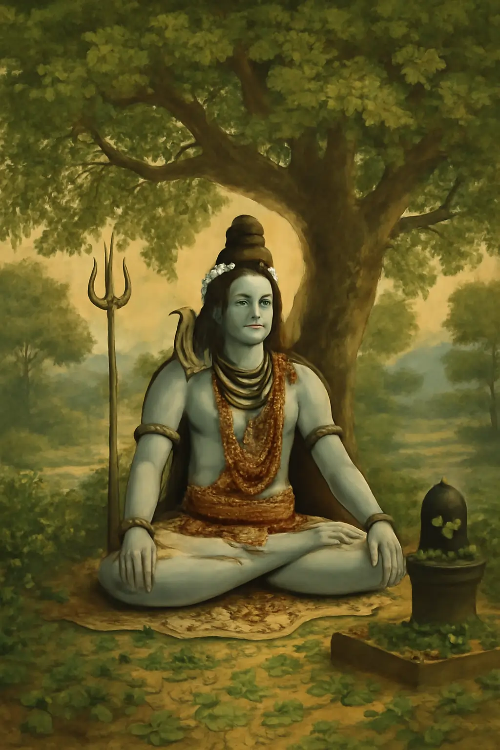 Blue-skinned ascetic Shiva meditates beneath a large tree, trident beside him, Shiva lingam adorned with bilva leaves.