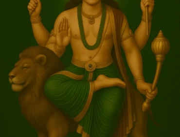 Four-armed Budha Dev, green-clad, seated on a lion, holding sword, trident, mace, blessing gesture.