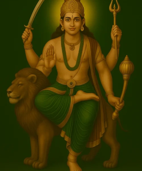 Four-armed Budha Dev, green-clad, seated on a lion, holding sword, trident, mace, blessing gesture.