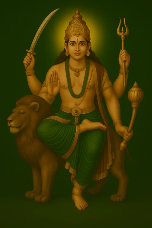 Four-armed Budha Dev, green-clad, seated on a lion, holding sword, trident, mace, blessing gesture.