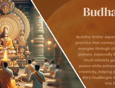 Devotees chant before golden deity in ornate temple, honoring Budha Graha Japam, invoking Mercury’s blessings.