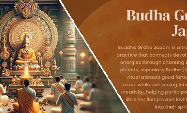 Devotees chant before golden deity in ornate temple, honoring Budha Graha Japam, invoking Mercury’s blessings.