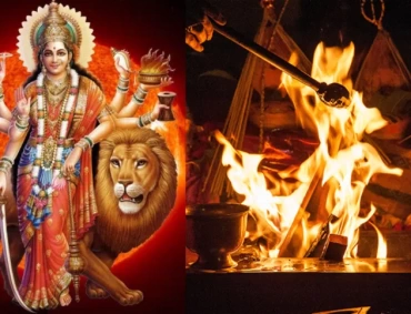 Goddess Durga as Chandi riding lion beside blazing homa fire, priests offering ghee ladles.