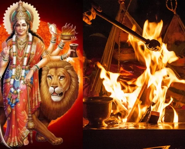 Goddess Durga as Chandi riding lion beside blazing homa fire, priests offering ghee ladles.