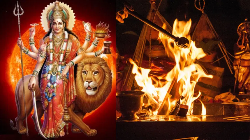 Goddess Durga as Chandi riding lion beside blazing homa fire, priests offering ghee ladles.