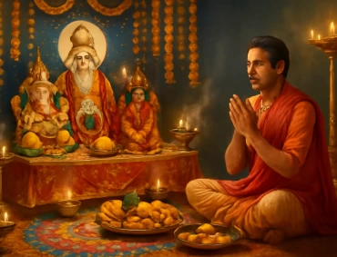 Devotee in saffron prays before illuminated Hindu deities and offerings, surrounded by oil lamps, marigold garlands, and sacred ambience.