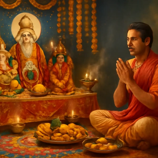 Devotee in saffron prays before illuminated Hindu deities and offerings, surrounded by oil lamps, marigold garlands, and sacred ambience.