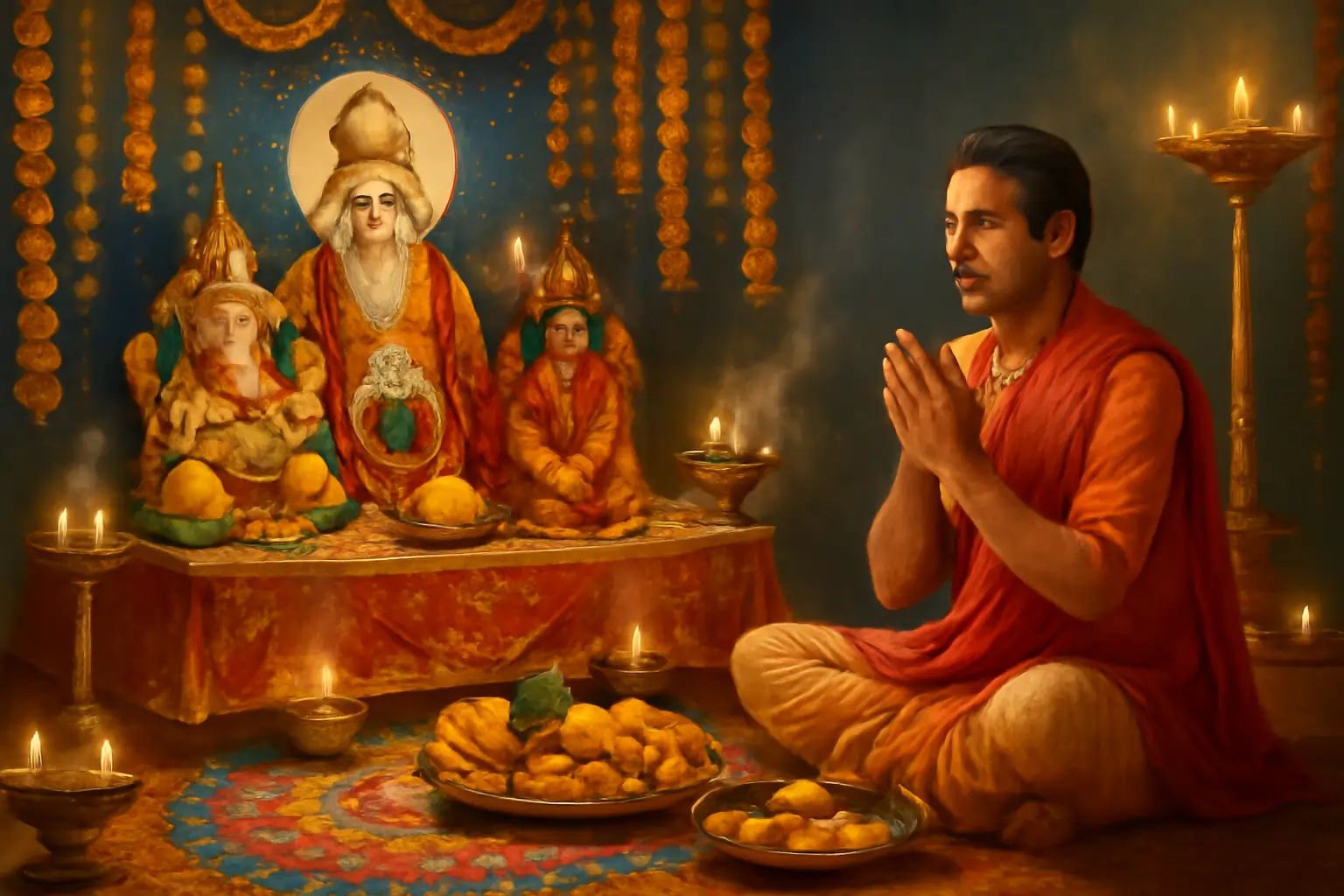 Devotee in saffron prays before illuminated Hindu deities and offerings, surrounded by oil lamps, marigold garlands, and sacred ambience.