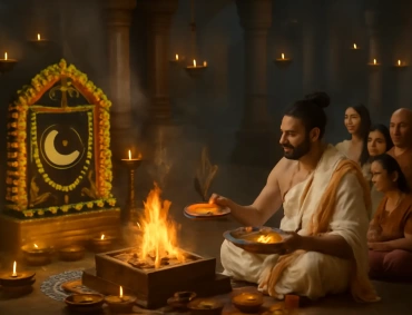 Priest performs sacred fire ritual before decorated shrine, offering flames as family observes in lamplit temple.