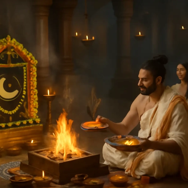 Priest performs sacred fire ritual before decorated shrine, offering flames as family observes in lamplit temple.