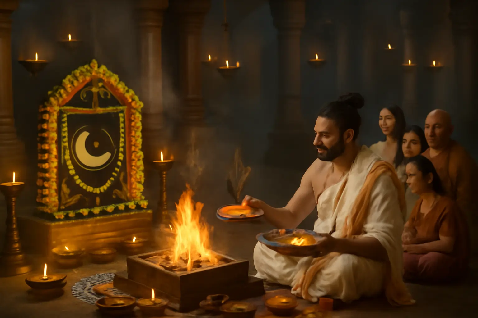 Priest performs sacred fire ritual before decorated shrine, offering flames as family observes in lamplit temple.