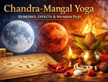 Illustration showing Moon and Mars with Vedic astrology chart, puja setup, and financial elements representing Chandra-Mangal Yoga remedies and effects.