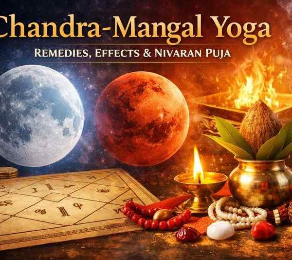 Illustration showing Moon and Mars with Vedic astrology chart, puja setup, and financial elements representing Chandra-Mangal Yoga remedies and effects.