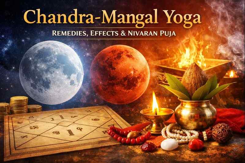 Illustration showing Moon and Mars with Vedic astrology chart, puja setup, and financial elements representing Chandra-Mangal Yoga remedies and effects.